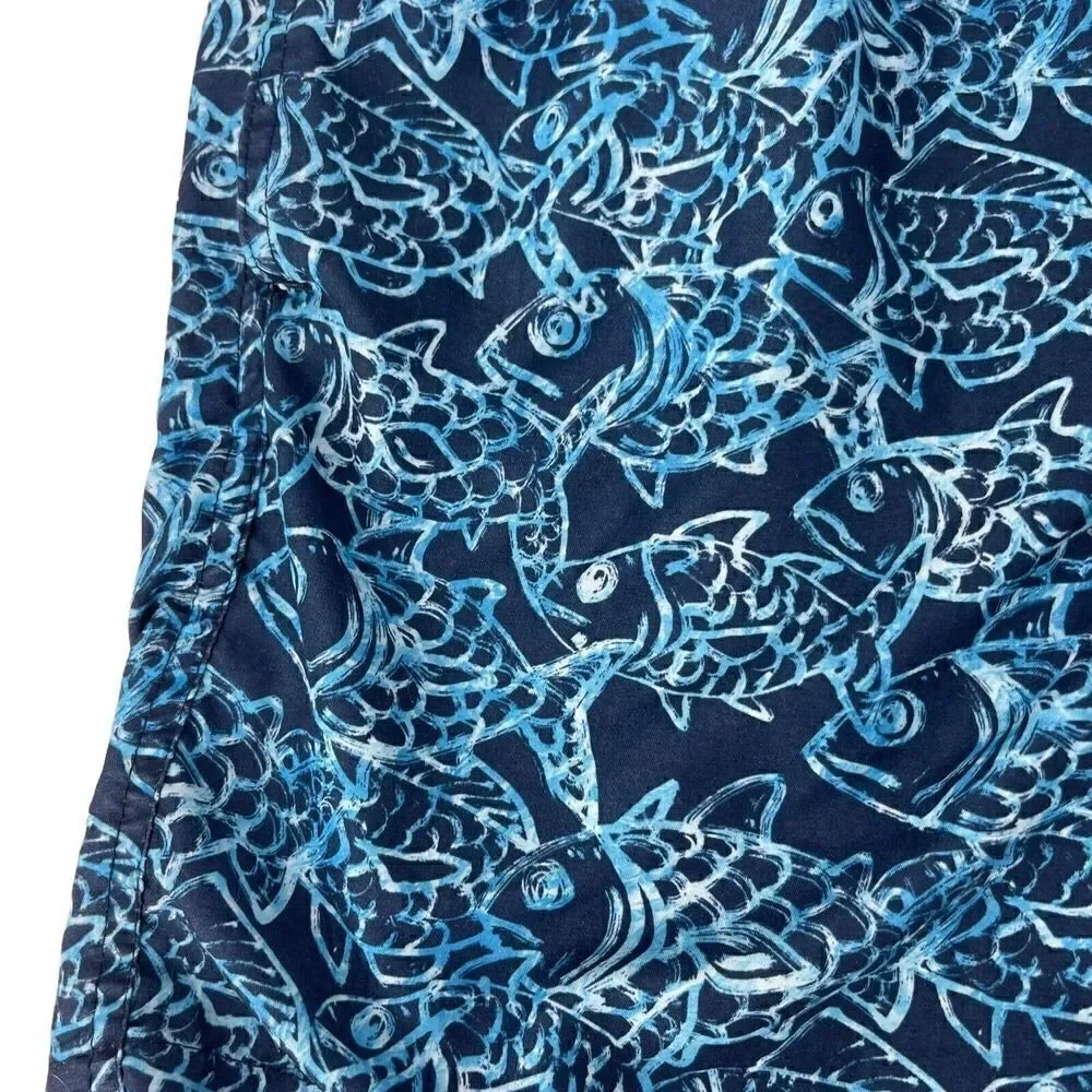 Blue Swim Trunks Mens Size Medium Lined Fish Pattern Beach Wear Ocean Coast Fun